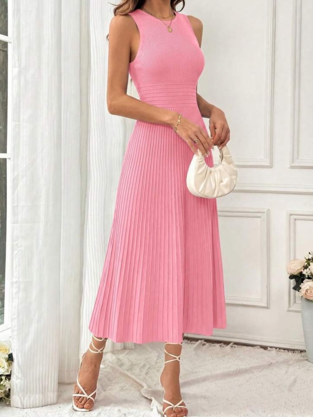 Sleeveless Pleated Midi Dress in Pink